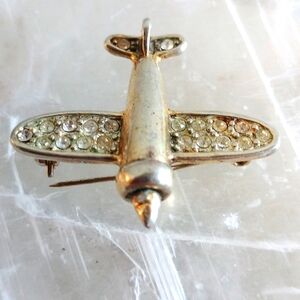 VINTAGE COOK L SOLID SILVER PIN AIRPLANE CRYSTALS SIGNED HALLMARKS
